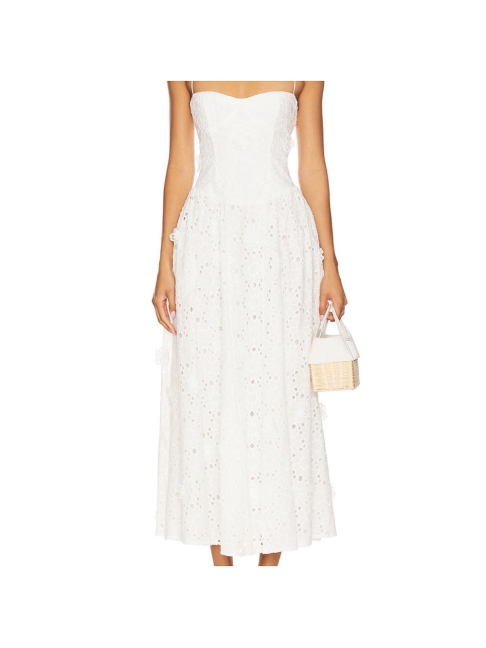 Bardot “Estie” White Strapless Eyelet Embroidered Midi Dress US 6